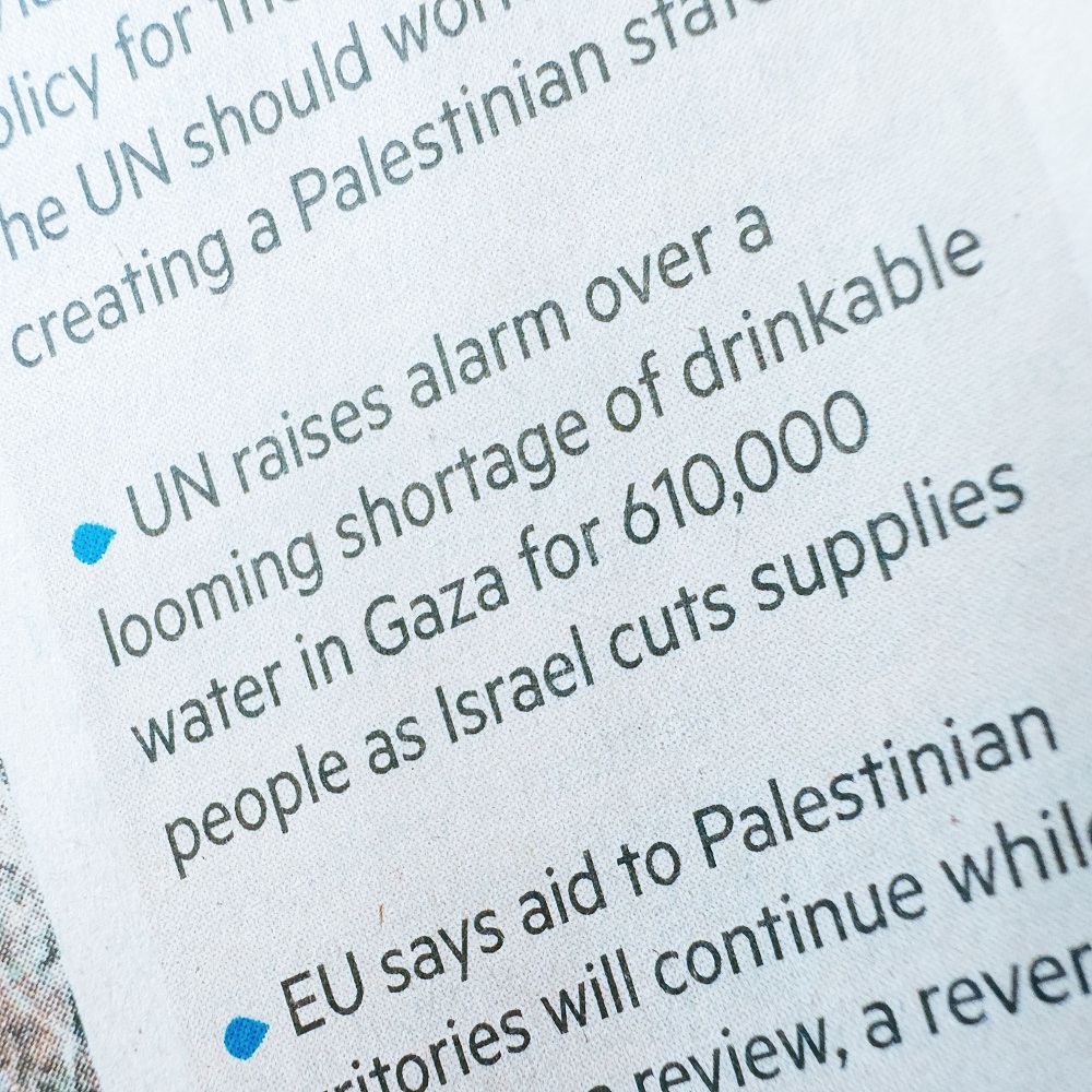 UN raises alarm over looming water shortage for 610,000 in Gaza as Israel cuts supplies - headline regarding Israel-Palestine conflict